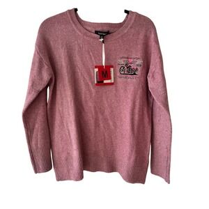 Ellen Tracy Motorcycle Bike Week Graphic Sweater Pullover Crew Neck Pink Medium